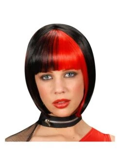 Peluca Negra Con Mechas Rojos para Mujer