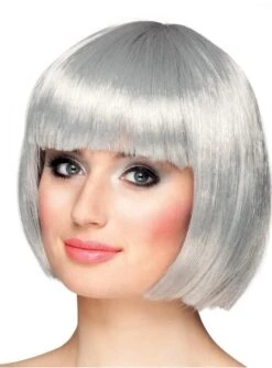 Peluca Plateada Media Melena Con Flequillo Para Mujer