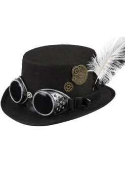 Sombrero Steampunk Negro Con Gafas Y Plumas Para Adulto